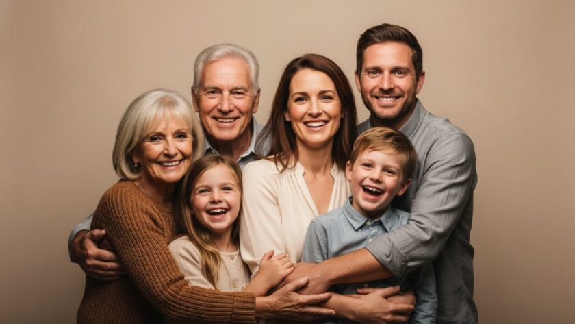 A heartwarming epic moment captured in Moama studio portraits, featuring a multi-generational family laughing joyfully, with soft, dramatic lighting highlighting their genuine connection and happiness.