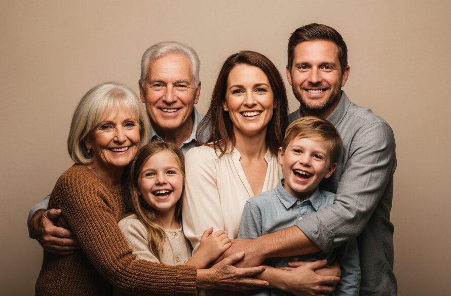 A heartwarming epic moment captured in Moama studio portraits, featuring a multi-generational family laughing joyfully, with soft, dramatic lighting highlighting their genuine connection and happiness.
