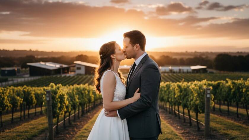 A newlywed couple shares a tender, joyous moment under dramatic, golden hour light at a picturesque Clyde North vineyard, epitomizing the Modern Clyde North Wedding Photography Experience with professional, cinematic flair.