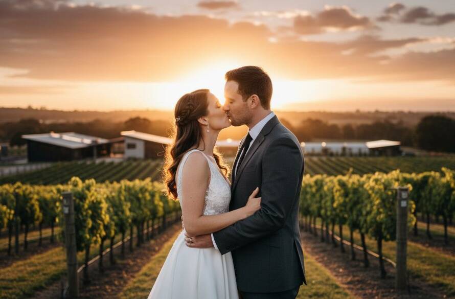 A newlywed couple shares a tender, joyous moment under dramatic, golden hour light at a picturesque Clyde North vineyard, epitomizing the Modern Clyde North Wedding Photography Experience with professional, cinematic flair.