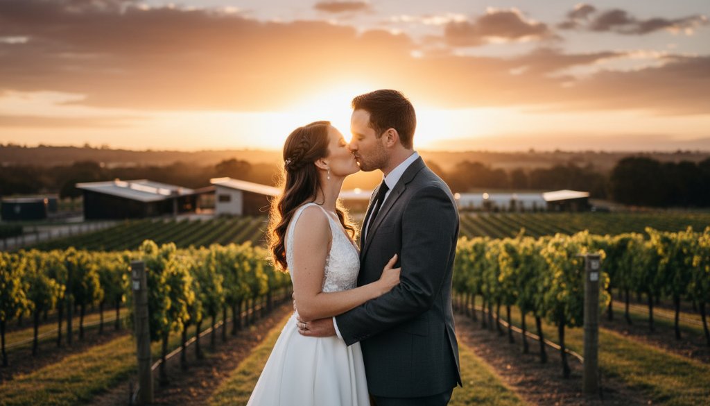 A newlywed couple shares a tender, joyous moment under dramatic, golden hour light at a picturesque Clyde North vineyard, epitomizing the Modern Clyde North Wedding Photography Experience with professional, cinematic flair.