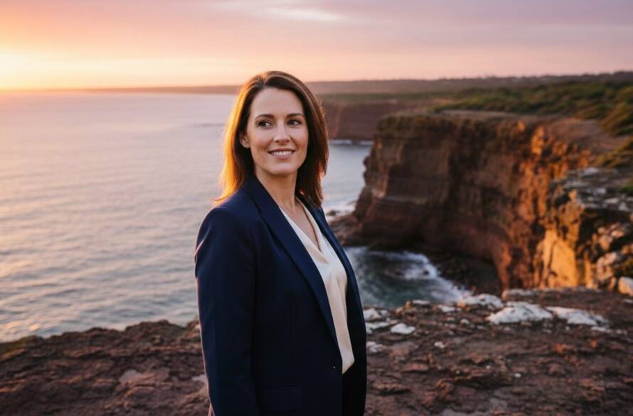A dynamic, cinematic portrait of a confident Bayside professional, captured during a Modern Corporate Headshots Black Rock Bayside Professionals session, with the iconic Black Rock cliff face and serene beach in the soft evening light, conveying strength and approachability.