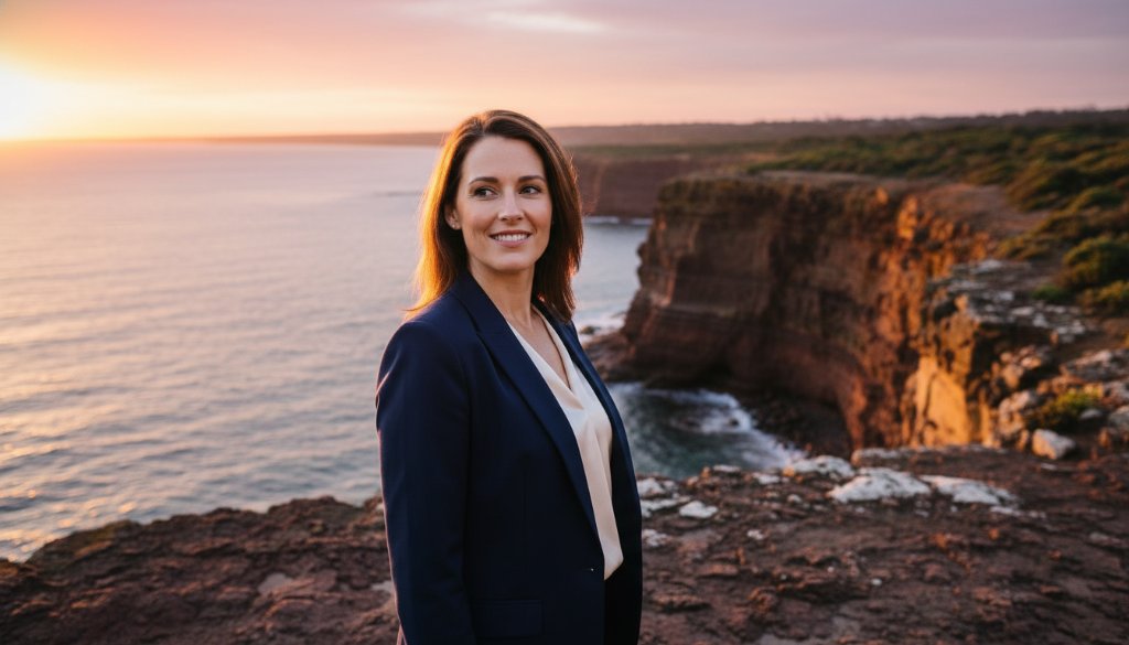 A dynamic, cinematic portrait of a confident Bayside professional, captured during a Modern Corporate Headshots Black Rock Bayside Professionals session, with the iconic Black Rock cliff face and serene beach in the soft evening light, conveying strength and approachability.