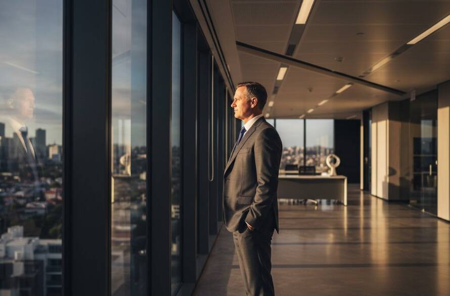Dramatic portrait of a confident male executive in Blackburn South, bathed in soft golden hour light, showcasing modern corporate headshots Blackburn South professionals, a professional, cinematic hero shot.