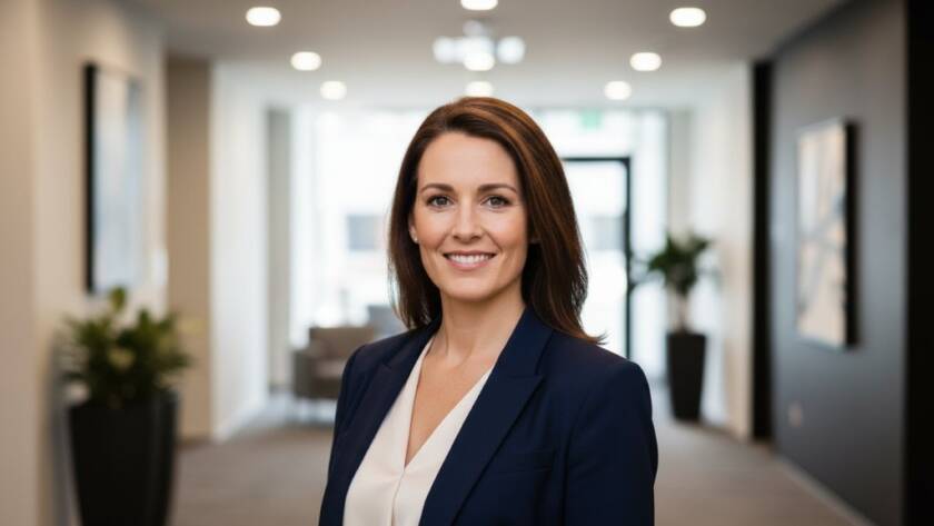 A dynamic, cinematic close-up of a confident female executive with a warm smile, professionally dressed in a stylish suit, looking directly at the camera. The background is a softly blurred, modern architectural detail from a business park in Doncaster East, Melbourne, with dramatic, soft studio lighting highlighting her features. This image captures the essence of modern corporate headshots Doncaster East Melbourne, conveying approachability and authority.