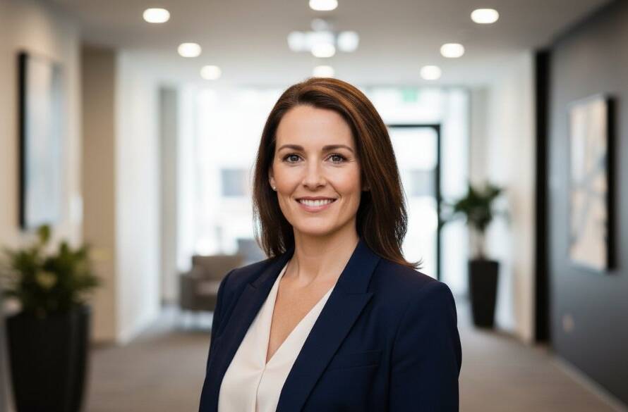 A dynamic, cinematic close-up of a confident female executive with a warm smile, professionally dressed in a stylish suit, looking directly at the camera. The background is a softly blurred, modern architectural detail from a business park in Doncaster East, Melbourne, with dramatic, soft studio lighting highlighting her features. This image captures the essence of modern corporate headshots Doncaster East Melbourne, conveying approachability and authority.