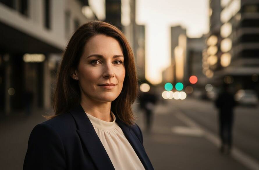 A stunning, cinematic 'epic moment' photograph capturing a confident professional's modern headshots Dandenong for career success, with dramatic light raking across their face, set against a blurred, vibrant urban backdrop of Dandenong's city centre at dusk, showcasing determination and future aspirations.