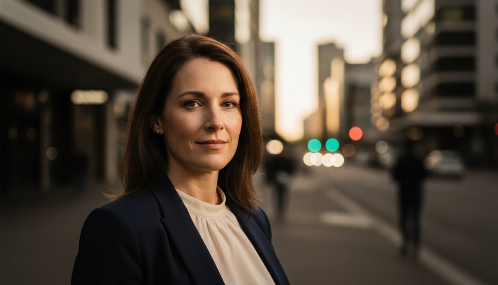 A stunning, cinematic 'epic moment' photograph capturing a confident professional's modern headshots Dandenong for career success, with dramatic light raking across their face, set against a blurred, vibrant urban backdrop of Dandenong's city centre at dusk, showcasing determination and future aspirations.