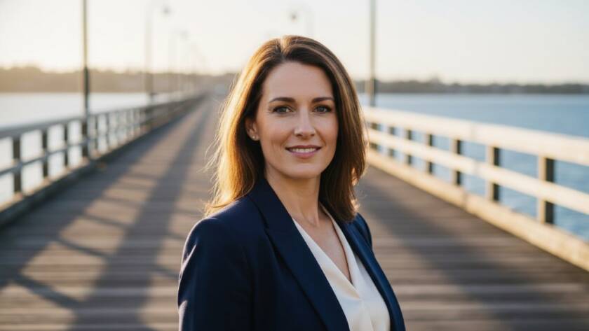 A professional woman, radiating confidence and warmth, captured in an epic, modern headshot in Frankston, Victoria. The golden hour light dramatically highlights her determined expression against a subtle, blurred Frankston Bayside backdrop, perfectly representing modern headshots Frankston Bayside professionals seek.