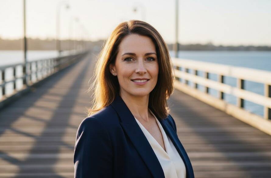 A professional woman, radiating confidence and warmth, captured in an epic, modern headshot in Frankston, Victoria. The golden hour light dramatically highlights her determined expression against a subtle, blurred Frankston Bayside backdrop, perfectly representing modern headshots Frankston Bayside professionals seek.