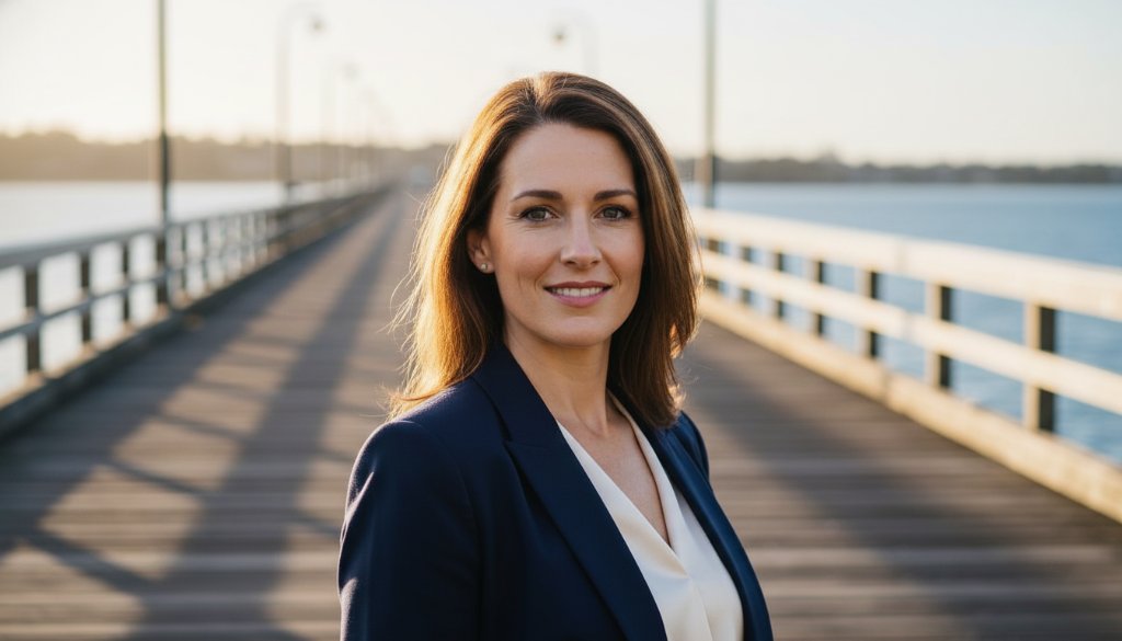 A professional woman, radiating confidence and warmth, captured in an epic, modern headshot in Frankston, Victoria. The golden hour light dramatically highlights her determined expression against a subtle, blurred Frankston Bayside backdrop, perfectly representing modern headshots Frankston Bayside professionals seek.