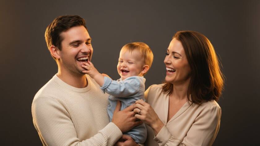 An emotionally charged, professionally colour-graded photograph featuring a young family laughing joyfully during their Modern Pakenham Studio Photography for Cherished Milestones session, with dramatic rim lighting highlighting their expressions against a clean, minimalist backdrop, capturing a truly epic moment of connection.