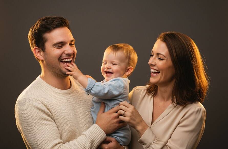 An emotionally charged, professionally colour-graded photograph featuring a young family laughing joyfully during their Modern Pakenham Studio Photography for Cherished Milestones session, with dramatic rim lighting highlighting their expressions against a clean, minimalist backdrop, capturing a truly epic moment of connection.