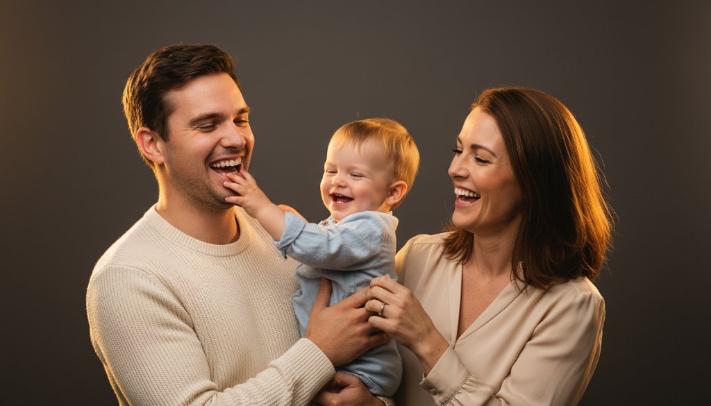 An emotionally charged, professionally colour-graded photograph featuring a young family laughing joyfully during their Modern Pakenham Studio Photography for Cherished Milestones session, with dramatic rim lighting highlighting their expressions against a clean, minimalist backdrop, capturing a truly epic moment of connection.