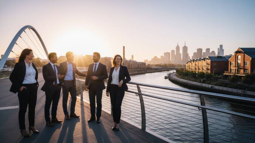 An epic moment captured: A diverse, professional team stands confidently against the vibrant, urban backdrop of Footscray's redeveloped riverfront precinct at sunset, dramatic backlighting creating a powerful silhouette. This visually stunning photograph showcases modern professional corporate portraits Footscray businesses can use to elevate their brand.