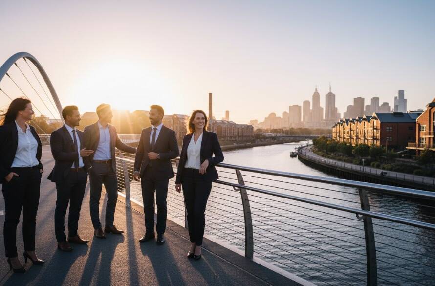 An epic moment captured: A diverse, professional team stands confidently against the vibrant, urban backdrop of Footscray's redeveloped riverfront precinct at sunset, dramatic backlighting creating a powerful silhouette. This visually stunning photograph showcases modern professional corporate portraits Footscray businesses can use to elevate their brand.