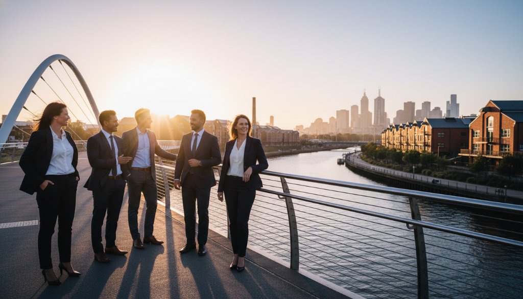 An epic moment captured: A diverse, professional team stands confidently against the vibrant, urban backdrop of Footscray's redeveloped riverfront precinct at sunset, dramatic backlighting creating a powerful silhouette. This visually stunning photograph showcases modern professional corporate portraits Footscray businesses can use to elevate their brand.