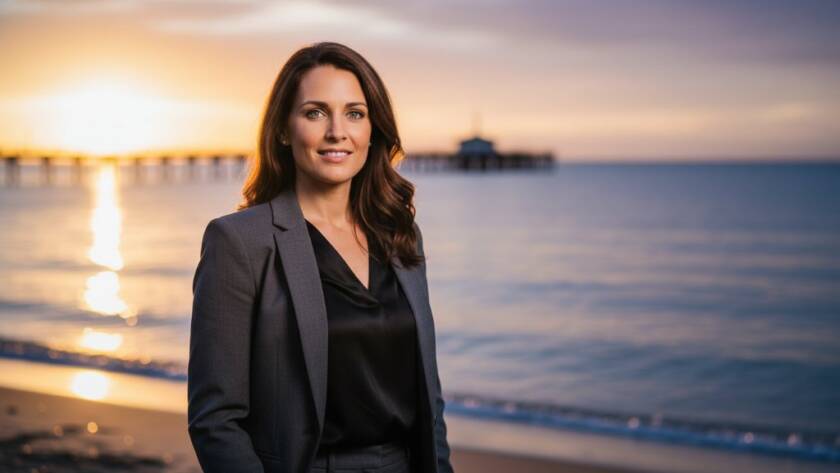 A striking modern professional headshot in Bonbeach, featuring a confident individual against a dramatic sunset beach backdrop, captured with cinematic lighting and deep focus, embodying the essence of Modern Professional Headshots Bonbeach.