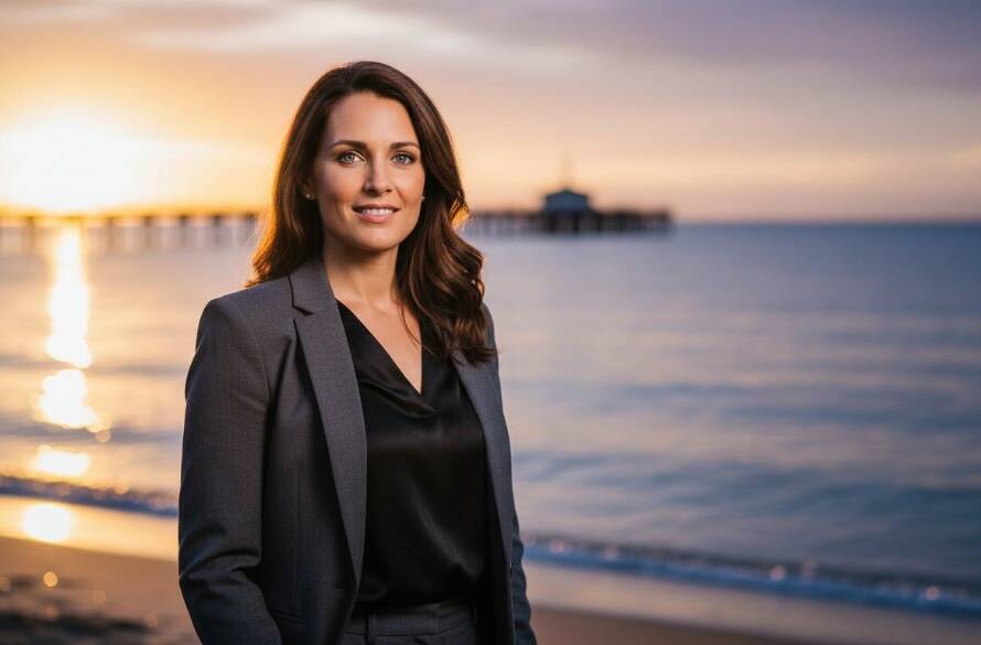 A striking modern professional headshot in Bonbeach, featuring a confident individual against a dramatic sunset beach backdrop, captured with cinematic lighting and deep focus, embodying the essence of Modern Professional Headshots Bonbeach.