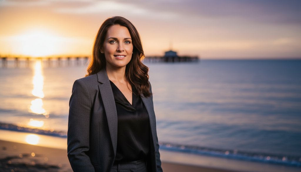 A striking modern professional headshot in Bonbeach, featuring a confident individual against a dramatic sunset beach backdrop, captured with cinematic lighting and deep focus, embodying the essence of Modern Professional Headshots Bonbeach.