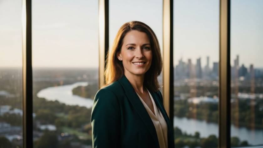 A confident Bulleen business owner, impeccably dressed, illuminated by dramatic golden hour light from a large window in a modern Bulleen office, showcasing their approachable yet authoritative presence in a modern professional headshot. This powerful image captures the essence of Modern Professional Headshots Bulleen Business Owners, reflecting ambition and expertise.