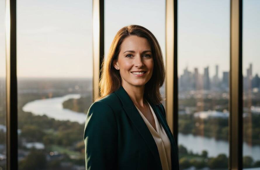 A confident Bulleen business owner, impeccably dressed, illuminated by dramatic golden hour light from a large window in a modern Bulleen office, showcasing their approachable yet authoritative presence in a modern professional headshot. This powerful image captures the essence of Modern Professional Headshots Bulleen Business Owners, reflecting ambition and expertise.