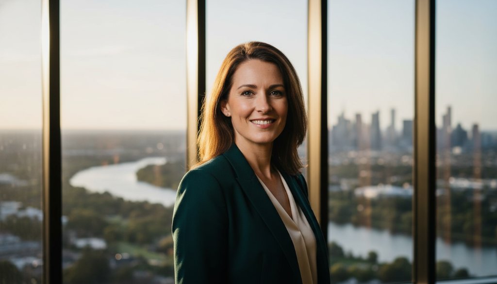 A confident Bulleen business owner, impeccably dressed, illuminated by dramatic golden hour light from a large window in a modern Bulleen office, showcasing their approachable yet authoritative presence in a modern professional headshot. This powerful image captures the essence of Modern Professional Headshots Bulleen Business Owners, reflecting ambition and expertise.