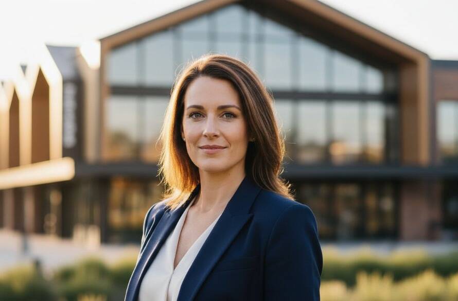 A confident professional woman in modern business attire, captured in a dramatic, cinematic Modern Professional Headshots Burwood Victoria outdoor portrait, standing against the soft blur of Burwood Brickworks architecture at sunset, with golden hour light highlighting her determined expression and sharp silhouette. The image features professional colour grading with a warm, inviting tone.