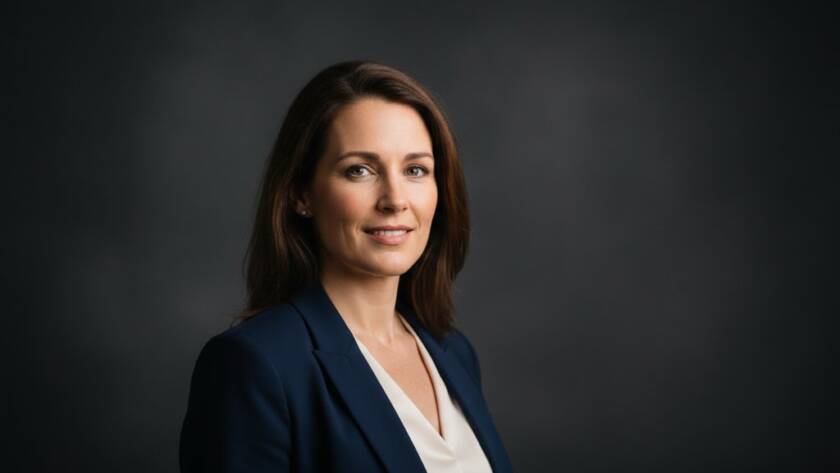 Close-up, dramatic studio portrait of a confident young professional, bathed in soft, directional light, looking directly at the camera with a subtle smile, embodying modern professional headshots Caulfield South for career growth. The subject is smartly dressed against a blurred, elegant grey background, capturing an epic moment of poised professionalism.