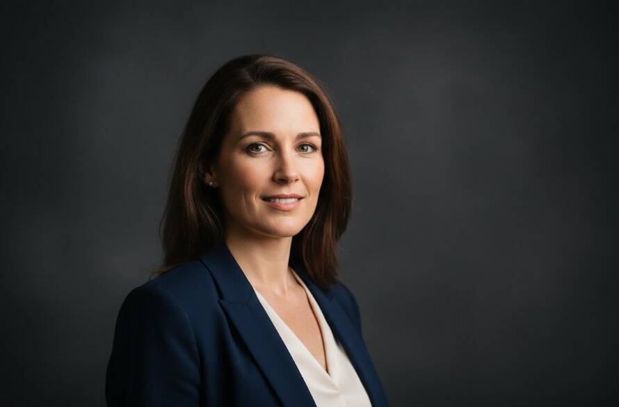 Close-up, dramatic studio portrait of a confident young professional, bathed in soft, directional light, looking directly at the camera with a subtle smile, embodying modern professional headshots Caulfield South for career growth. The subject is smartly dressed against a blurred, elegant grey background, capturing an epic moment of poised professionalism.