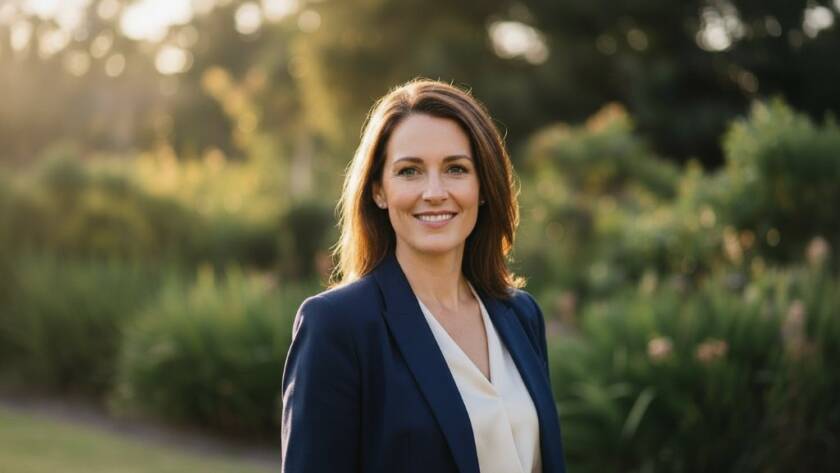 A confident female professional, mid-laugh, captured in a candid and striking Modern Professional Headshots Frankston South for career success style, with the soft, late afternoon sunlight filtering through coastal tea trees in a Frankston South park, evoking authenticity and approachability.
