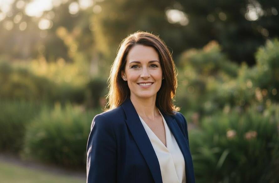A confident female professional, mid-laugh, captured in a candid and striking Modern Professional Headshots Frankston South for career success style, with the soft, late afternoon sunlight filtering through coastal tea trees in a Frankston South park, evoking authenticity and approachability.