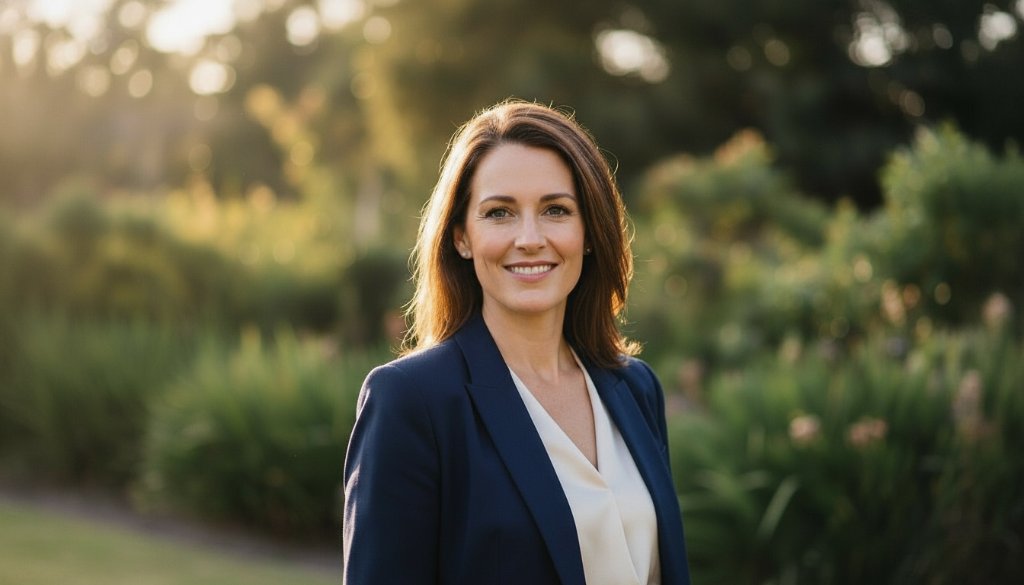 A confident female professional, mid-laugh, captured in a candid and striking Modern Professional Headshots Frankston South for career success style, with the soft, late afternoon sunlight filtering through coastal tea trees in a Frankston South park, evoking authenticity and approachability.