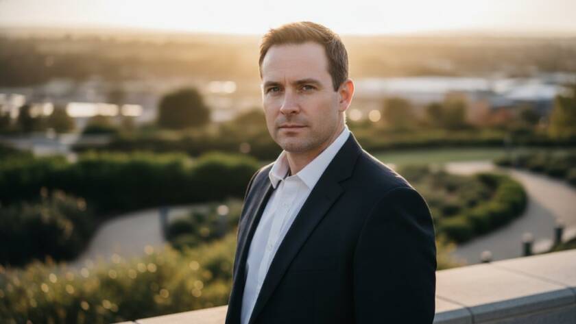 Dramatic portrait of a confident business professional in Skye, Victoria, bathed in golden hour light, showcasing modern professional headshots Skye Victoria, with a blurred natural background, reflecting strength and approachability.