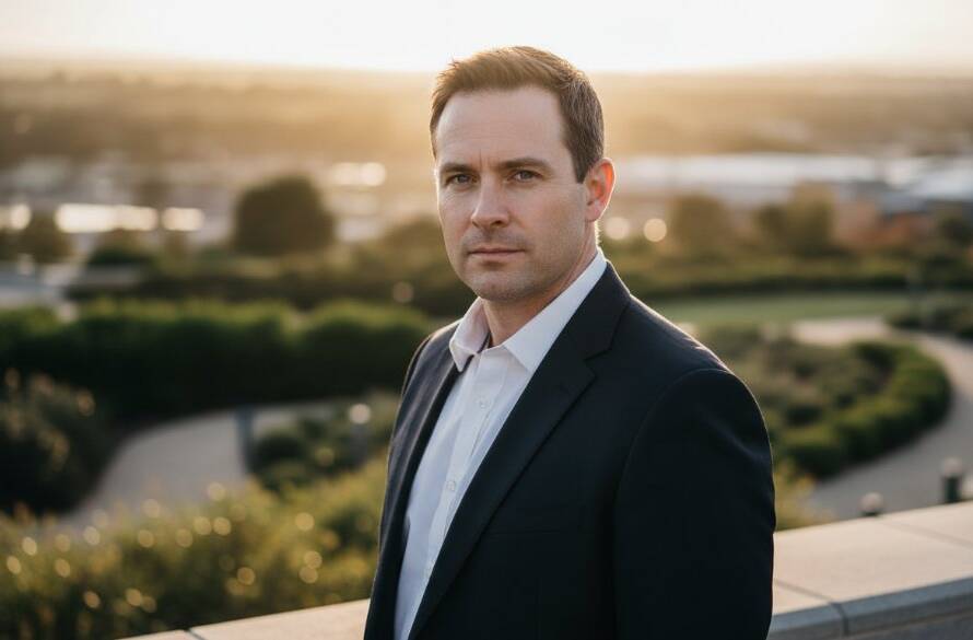 Dramatic portrait of a confident business professional in Skye, Victoria, bathed in golden hour light, showcasing modern professional headshots Skye Victoria, with a blurred natural background, reflecting strength and approachability.