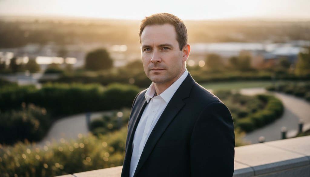 Dramatic portrait of a confident business professional in Skye, Victoria, bathed in golden hour light, showcasing modern professional headshots Skye Victoria, with a blurred natural background, reflecting strength and approachability.