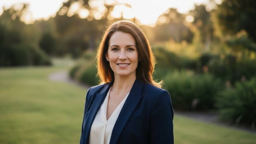 A striking modern professional headshots Vermont South, featuring a confident business person against a blurred, vibrant Vermont South park background at golden hour, dramatic backlighting, sharp focus on their determined expression, conveying success and approachability.
