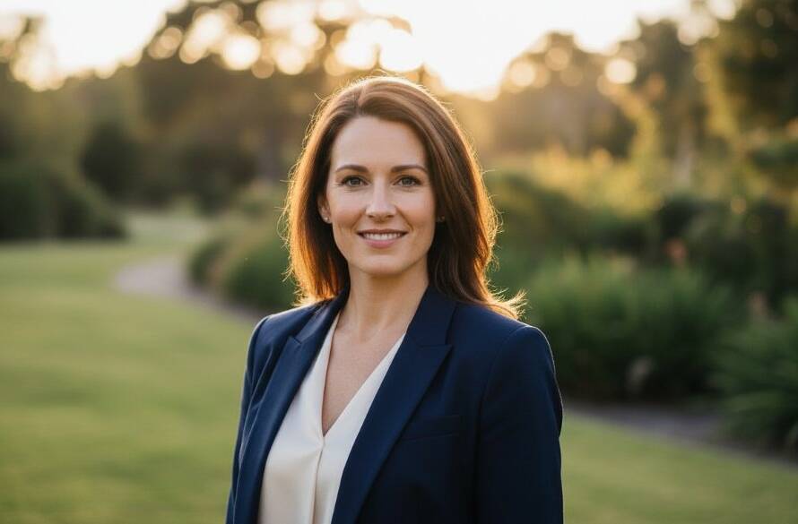 A striking modern professional headshots Vermont South, featuring a confident business person against a blurred, vibrant Vermont South park background at golden hour, dramatic backlighting, sharp focus on their determined expression, conveying success and approachability.