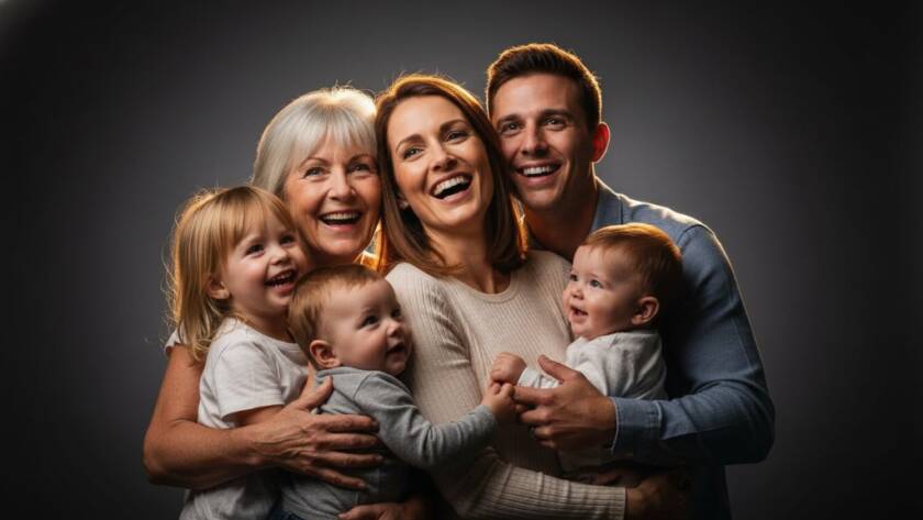 Dynamic overhead shot of a joyous multi-generational family mid-laugh during modern studio photoshoots in Werribee South Victoria, with dramatic rim lighting highlighting their expressions against a muted backdrop, capturing an authentic, epic moment of connection.