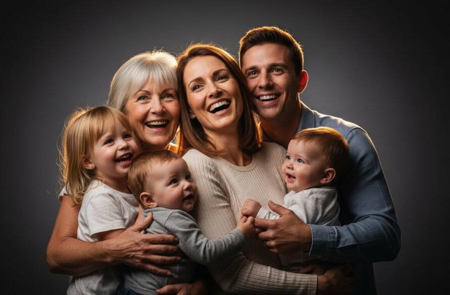 Dynamic overhead shot of a joyous multi-generational family mid-laugh during modern studio photoshoots in Werribee South Victoria, with dramatic rim lighting highlighting their expressions against a muted backdrop, capturing an authentic, epic moment of connection.