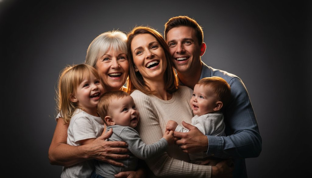 Dynamic overhead shot of a joyous multi-generational family mid-laugh during modern studio photoshoots in Werribee South Victoria, with dramatic rim lighting highlighting their expressions against a muted backdrop, capturing an authentic, epic moment of connection.
