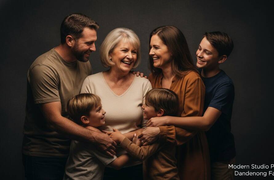 A heartwarming, cinematic 'epic moment' photograph of a Dandenong family laughing joyously during a modern studio portraits Dandenong families photoshoot, bathed in soft, ethereal natural light, capturing genuine connection and emotion.