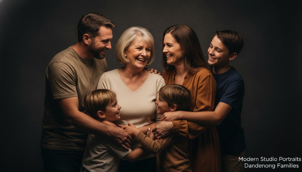 A heartwarming, cinematic 'epic moment' photograph of a Dandenong family laughing joyously during a modern studio portraits Dandenong families photoshoot, bathed in soft, ethereal natural light, capturing genuine connection and emotion.
