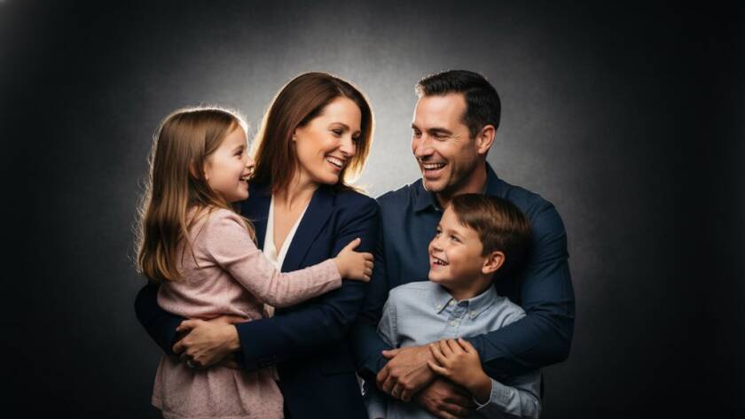 An epic, emotionally resonant studio portrait of a laughing family in The Basin, showcasing their genuine connection, with dramatic lighting and professional colour grading. Modern studio portraits The Basin families captured with warmth and artistry.