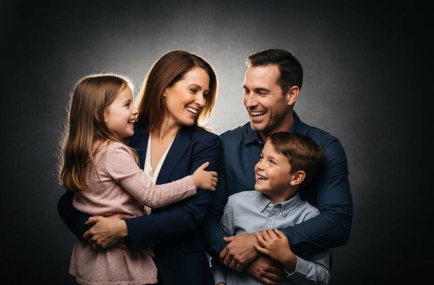 An epic, emotionally resonant studio portrait of a laughing family in The Basin, showcasing their genuine connection, with dramatic lighting and professional colour grading. Modern studio portraits The Basin families captured with warmth and artistry.