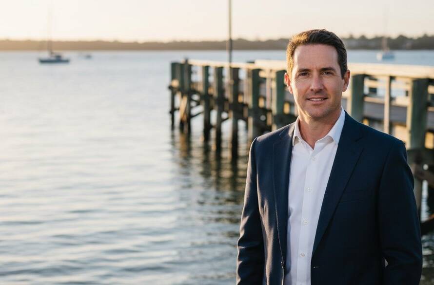 A dramatic, cinematic photograph showcasing Modern Tooradin Executive Portraits Capturing Local Charm, featuring a confident professional against a dynamic, subtly blurred Tooradin waterfront with the pier in the golden hour light, reflecting success and local pride.