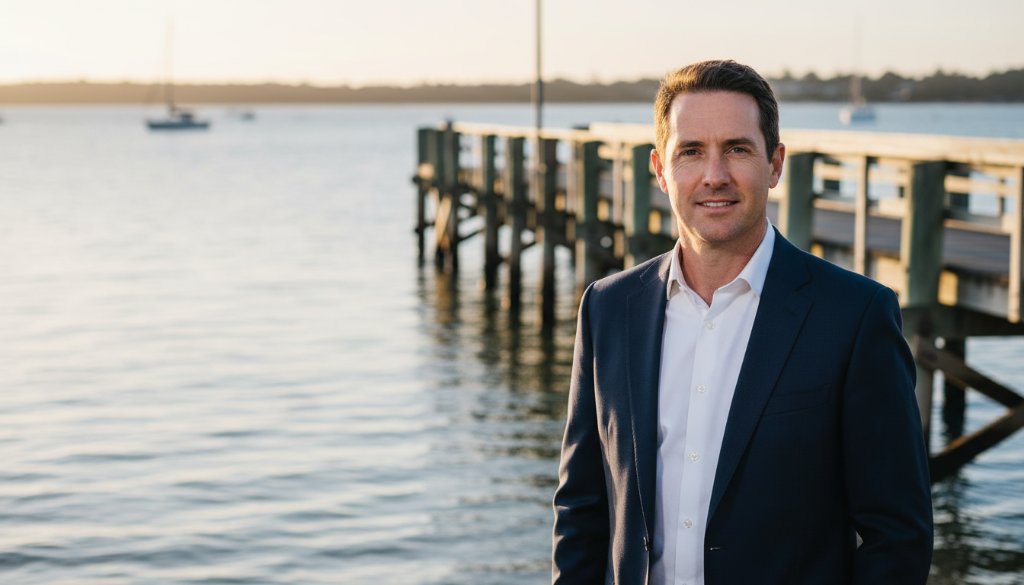 A dramatic, cinematic photograph showcasing Modern Tooradin Executive Portraits Capturing Local Charm, featuring a confident professional against a dynamic, subtly blurred Tooradin waterfront with the pier in the golden hour light, reflecting success and local pride.