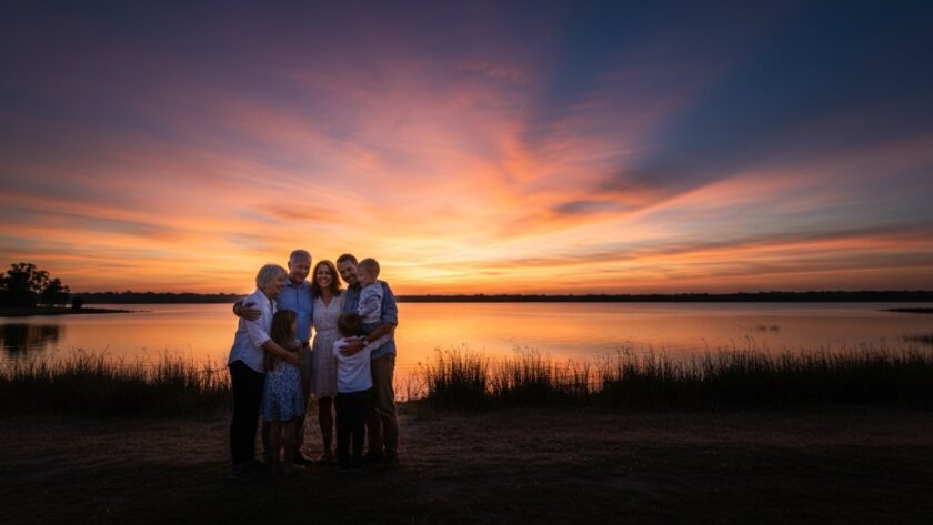 An emotionally resonant, wide-angle fine art photograph taken in Moe, Victoria, capturing a multi-generational family silhouetted against a dramatic sunset over Lake Narracan, showcasing Moe fine art photography capturing family legacy. The warm, golden light illuminates their embracing figures, evoking a powerful sense of connection and timelessness.