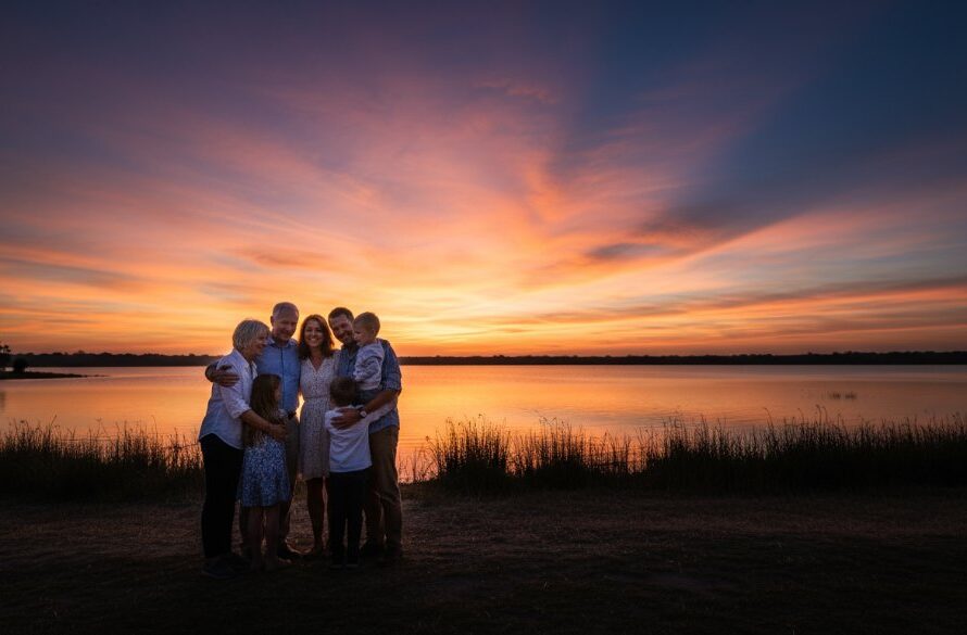 An emotionally resonant, wide-angle fine art photograph taken in Moe, Victoria, capturing a multi-generational family silhouetted against a dramatic sunset over Lake Narracan, showcasing Moe fine art photography capturing family legacy. The warm, golden light illuminates their embracing figures, evoking a powerful sense of connection and timelessness.