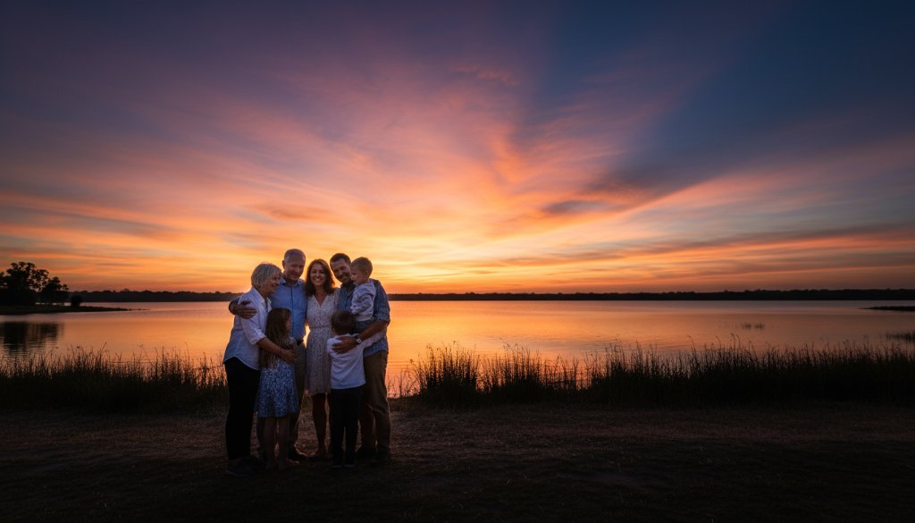 An emotionally resonant, wide-angle fine art photograph taken in Moe, Victoria, capturing a multi-generational family silhouetted against a dramatic sunset over Lake Narracan, showcasing Moe fine art photography capturing family legacy. The warm, golden light illuminates their embracing figures, evoking a powerful sense of connection and timelessness.